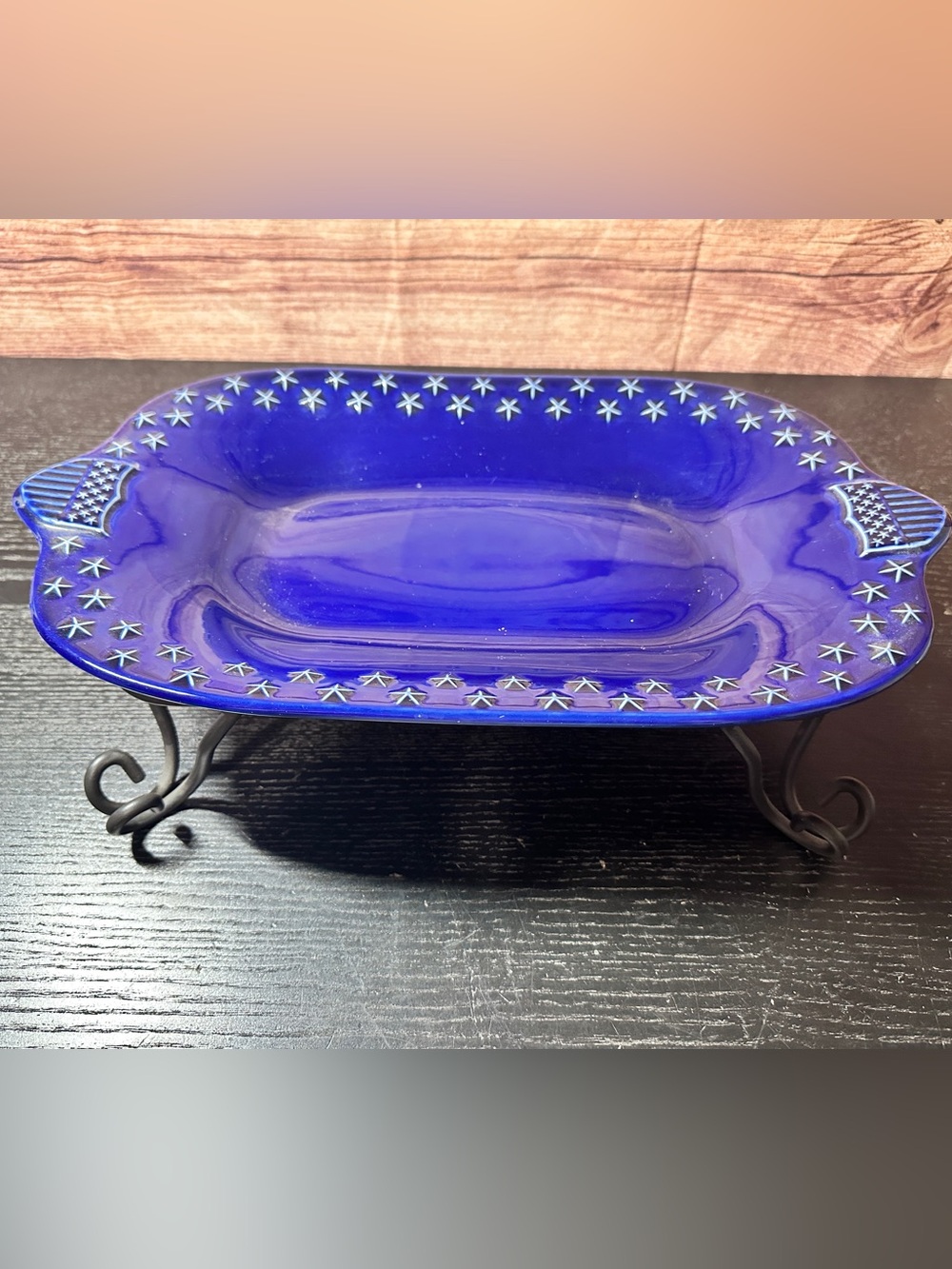 Longaberger Pottery "Proudly American" cobalt blue serving platter W/ Holder